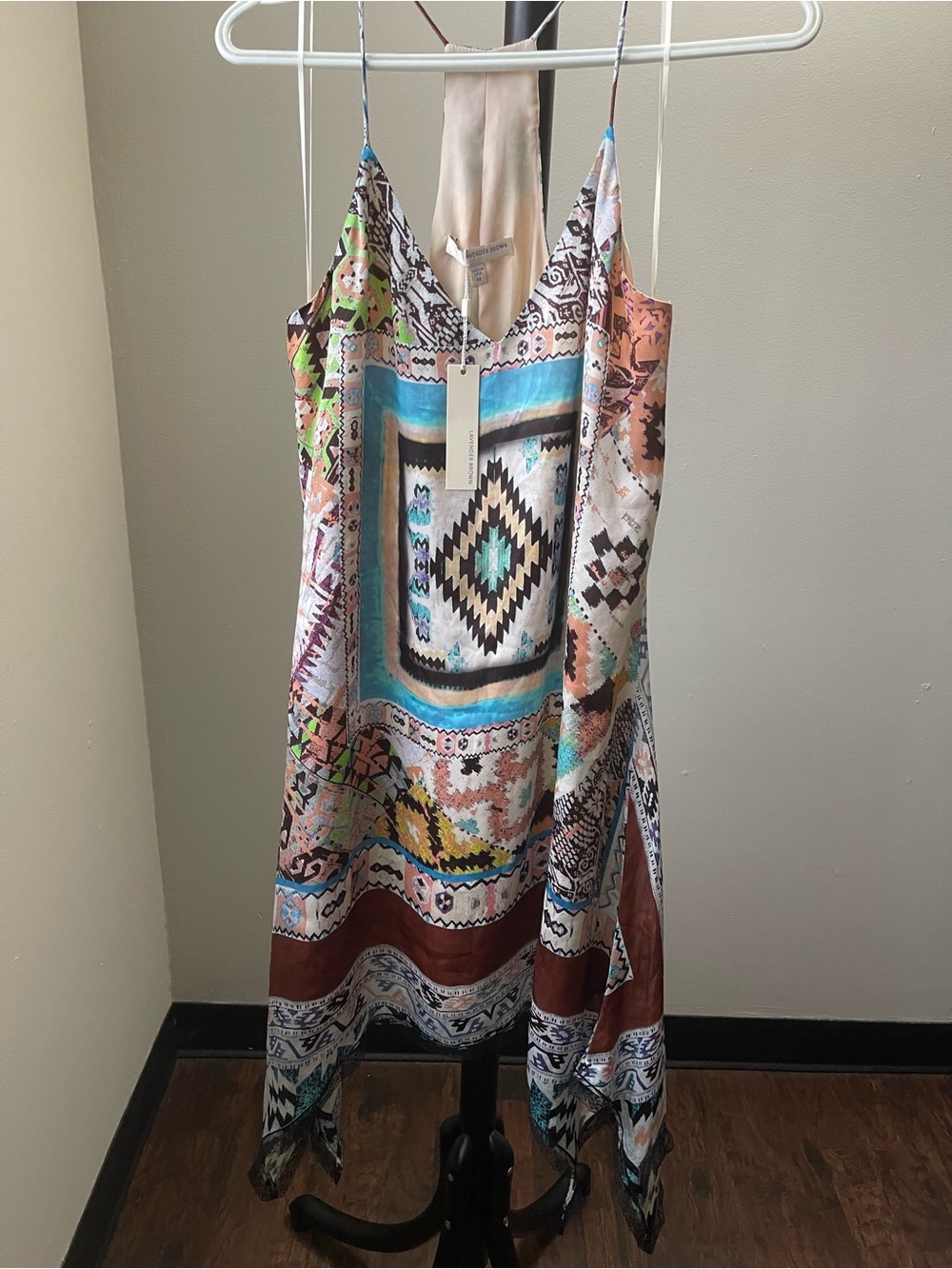 Lavender Brown 100%Silk Boho Slip Dress w/ Turquoise and Lime Accents Lace Hem